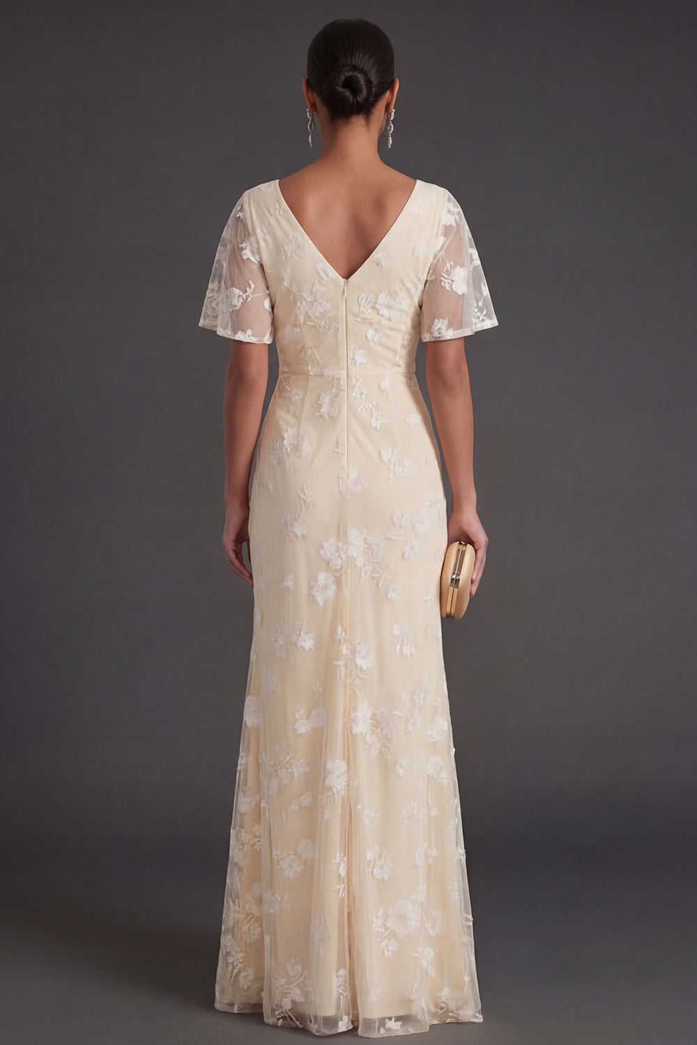 Pink Floral Sheath Appliqued V Neck Long Wedding Guest Dress with Slit