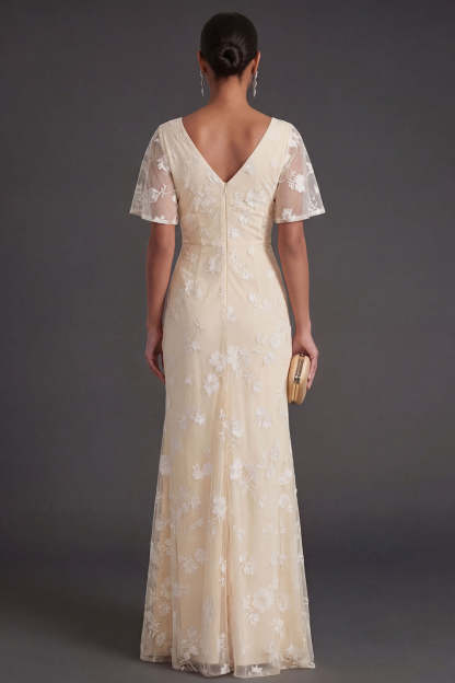 Pink Floral Sheath Appliqued V Neck Long Wedding Guest Dress with Slit