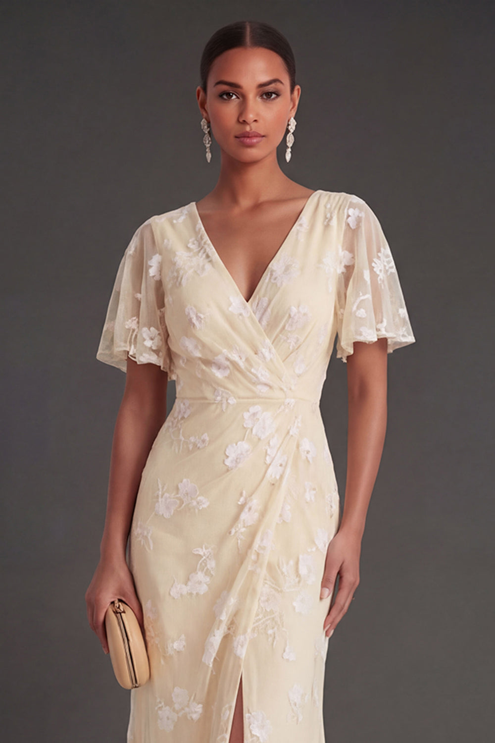 Pink Floral Sheath Appliqued V Neck Long Wedding Guest Dress with Slit