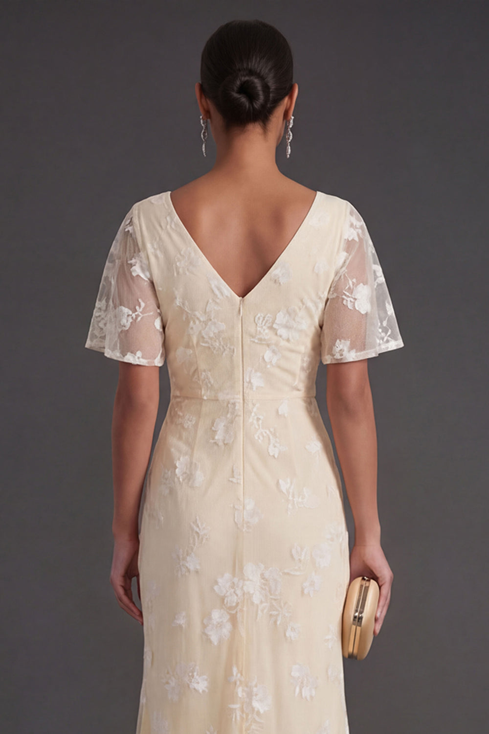 Pink Floral Sheath Appliqued V Neck Long Wedding Guest Dress with Slit