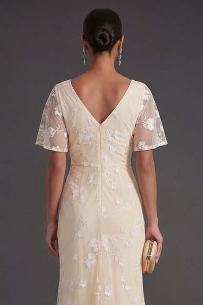 Pink Floral Sheath Appliqued V Neck Long Wedding Guest Dress with Slit