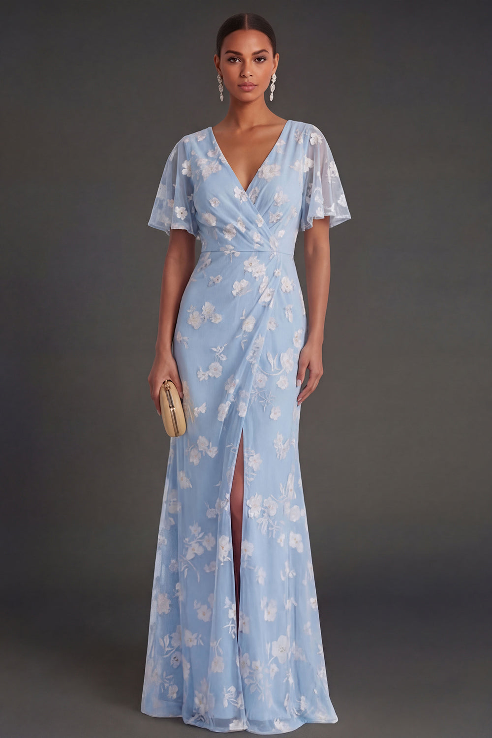 Pink Floral Sheath Appliqued V Neck Long Wedding Guest Dress with Slit