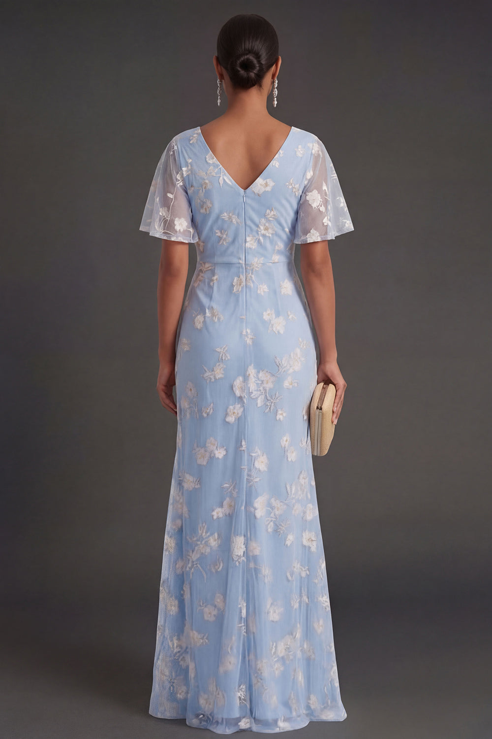Pink Floral Sheath Appliqued V Neck Long Wedding Guest Dress with Slit
