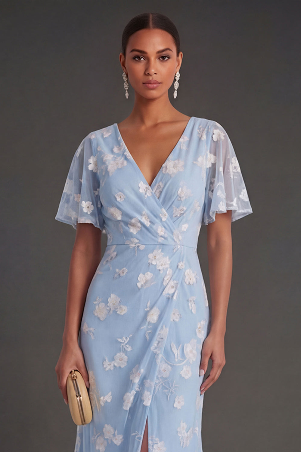 Pink Floral Sheath Appliqued V Neck Long Wedding Guest Dress with Slit