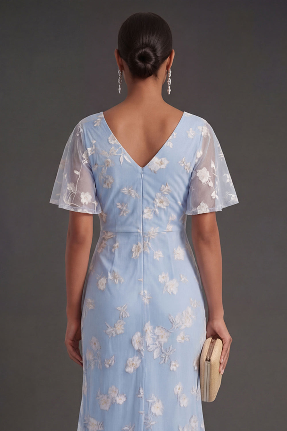 Pink Floral Sheath Appliqued V Neck Long Wedding Guest Dress with Slit
