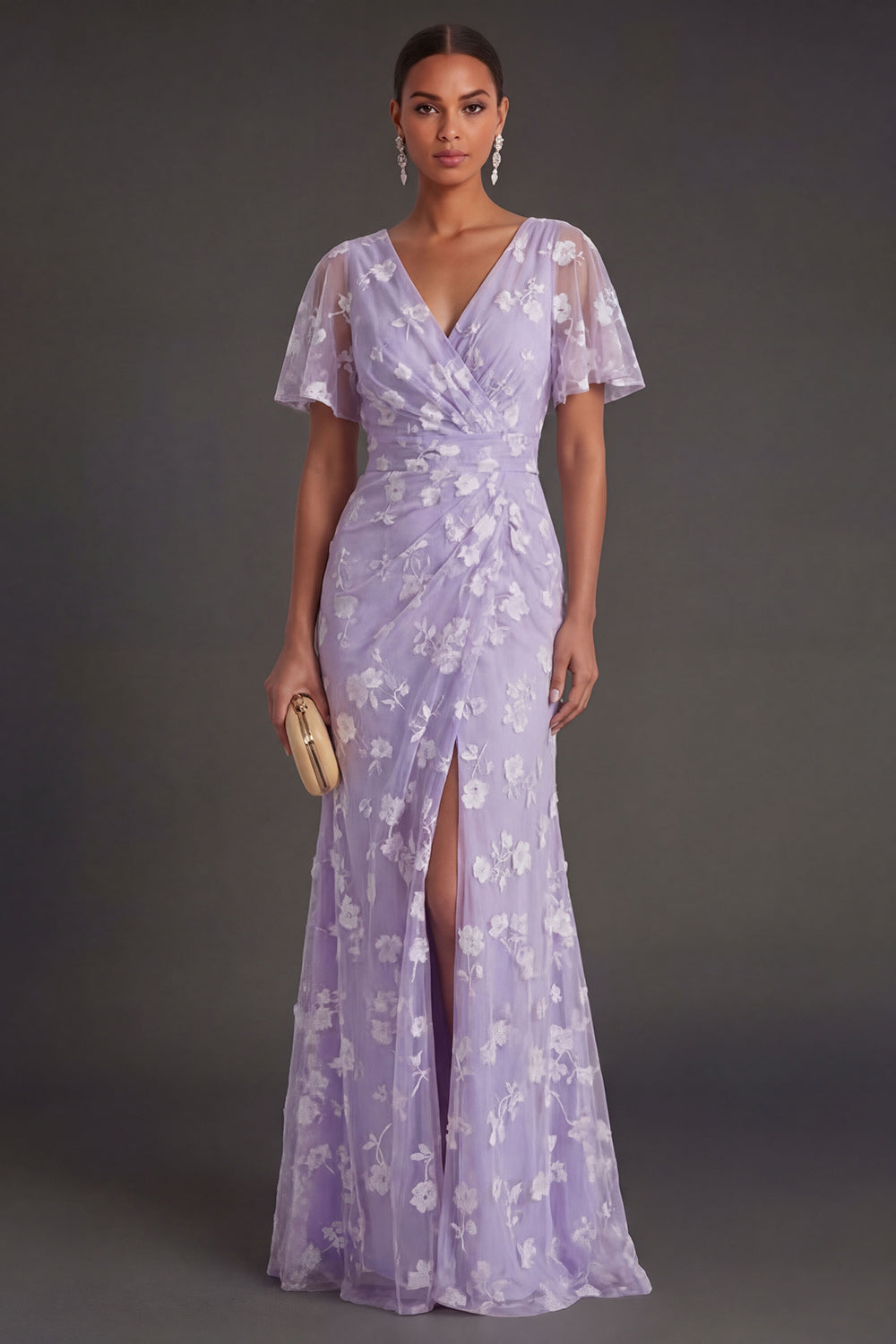 Pink Floral Sheath Appliqued V Neck Long Wedding Guest Dress with Slit