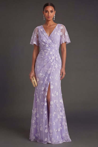 Pink Floral Sheath Appliqued V Neck Long Wedding Guest Dress with Slit