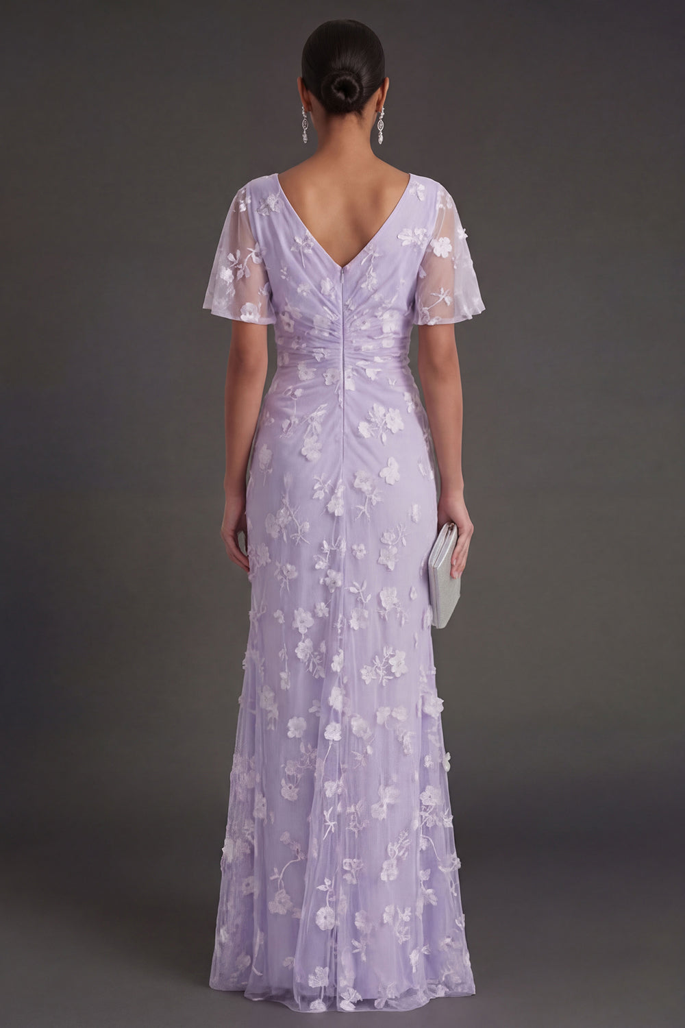 Pink Floral Sheath Appliqued V Neck Long Wedding Guest Dress with Slit