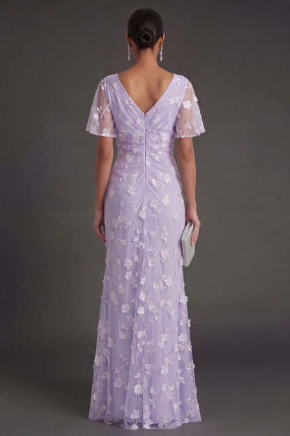 Pink Floral Sheath Appliqued V Neck Long Wedding Guest Dress with Slit