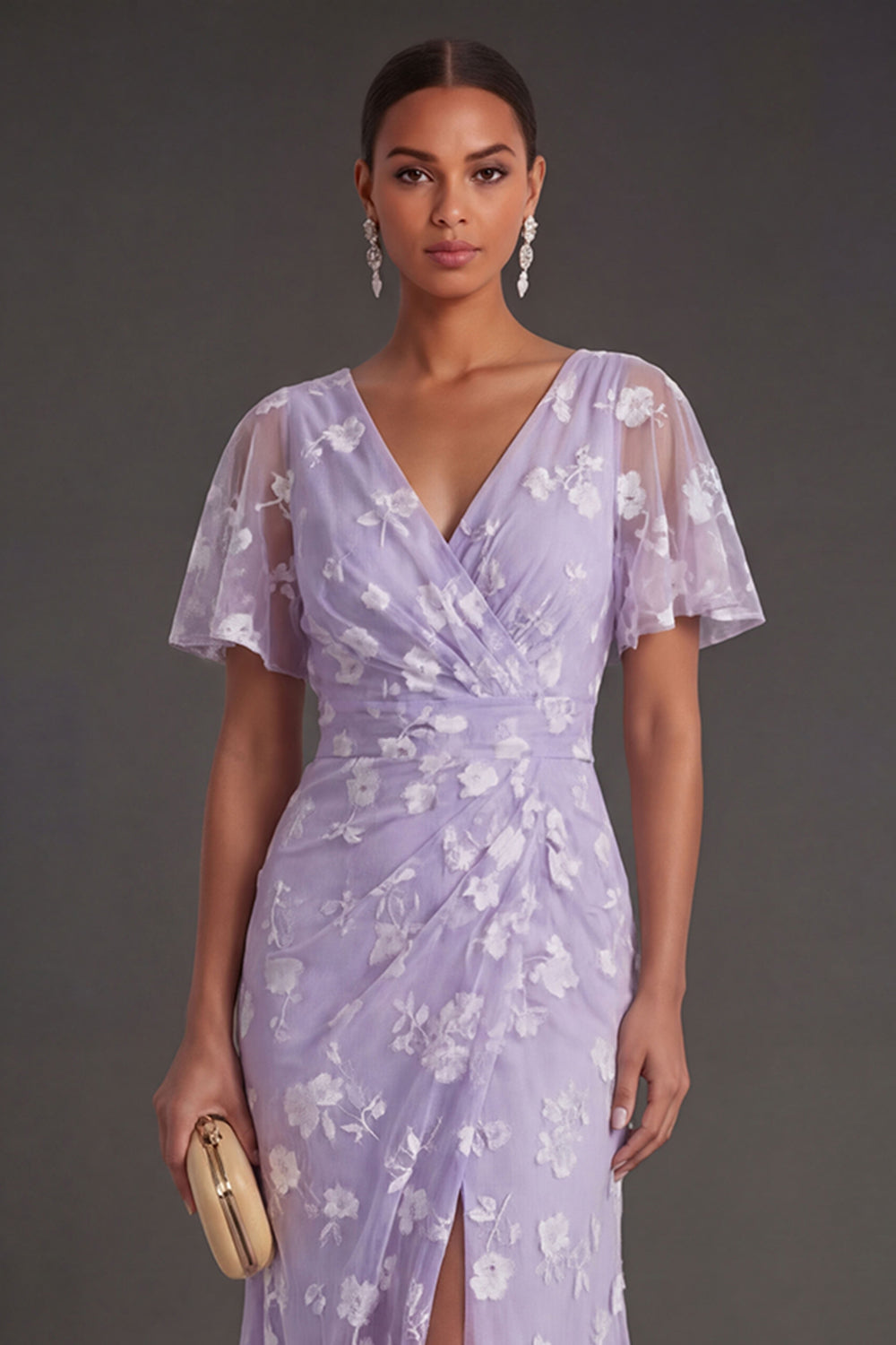 Pink Floral Sheath Appliqued V Neck Long Wedding Guest Dress with Slit