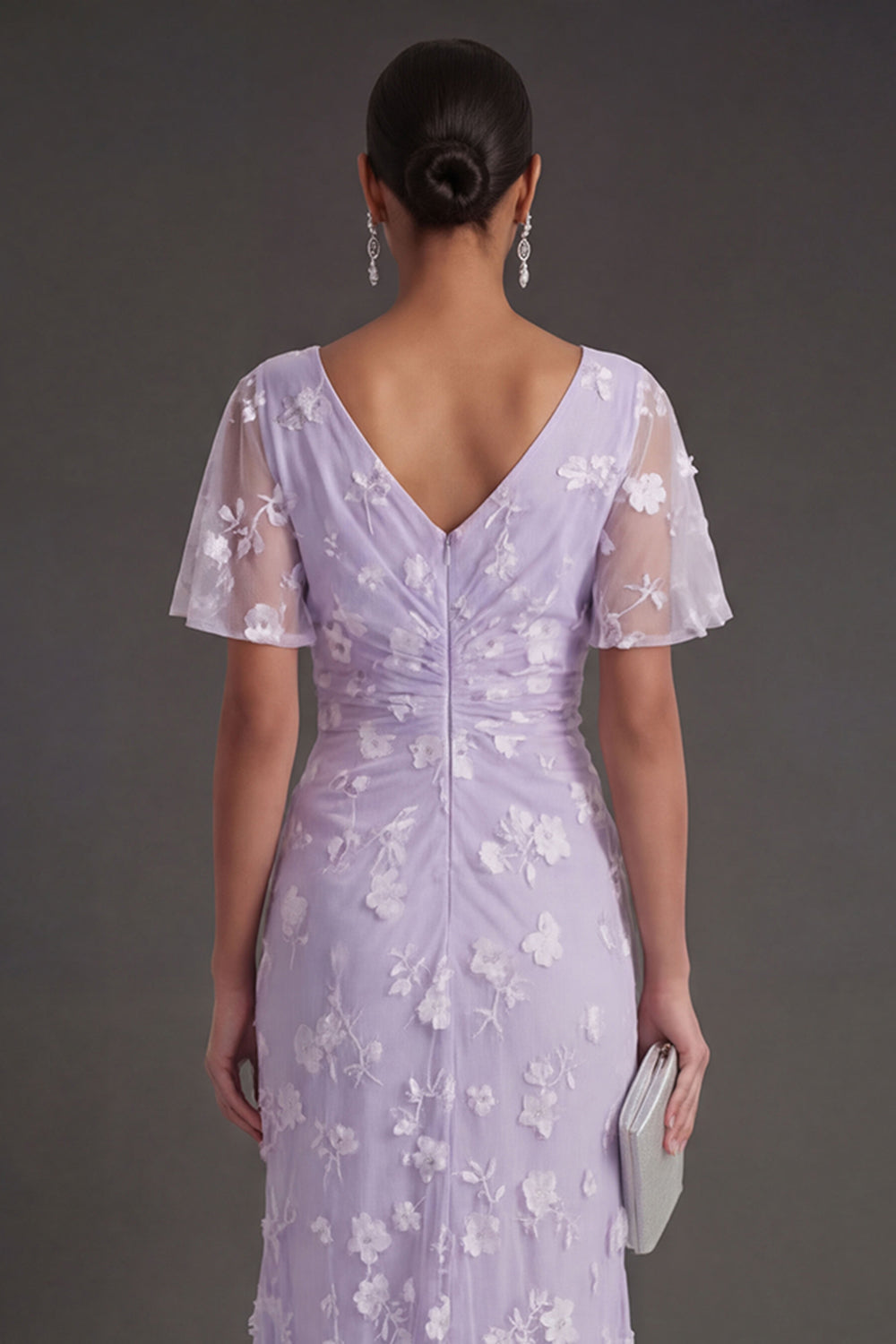 Pink Floral Sheath Appliqued V Neck Long Wedding Guest Dress with Slit