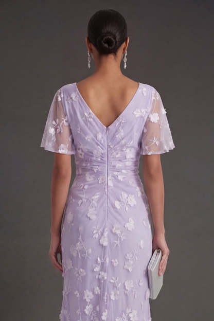 Pink Floral Sheath Appliqued V Neck Long Wedding Guest Dress with Slit