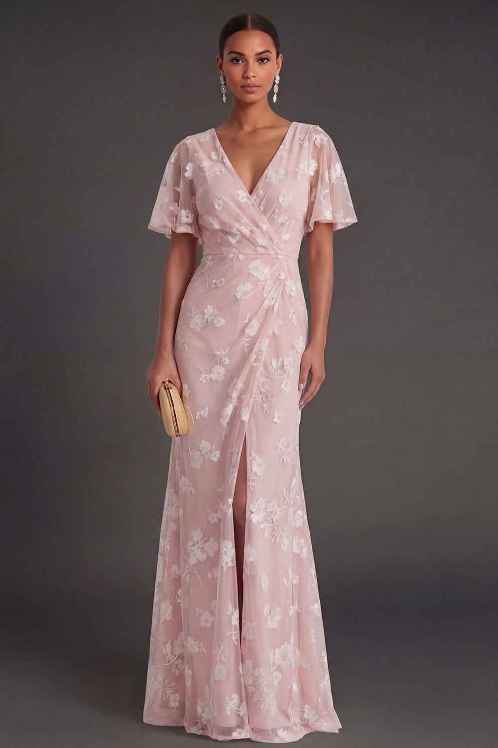 Leely Women Pink Floral Sheath Long Wedding Guest Dress with Slit Appliqued V Neck Short Sleeves Evening Dress
