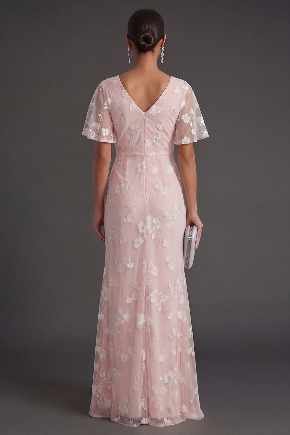 Pink Floral Sheath Appliqued V Neck Long Wedding Guest Dress with Slit