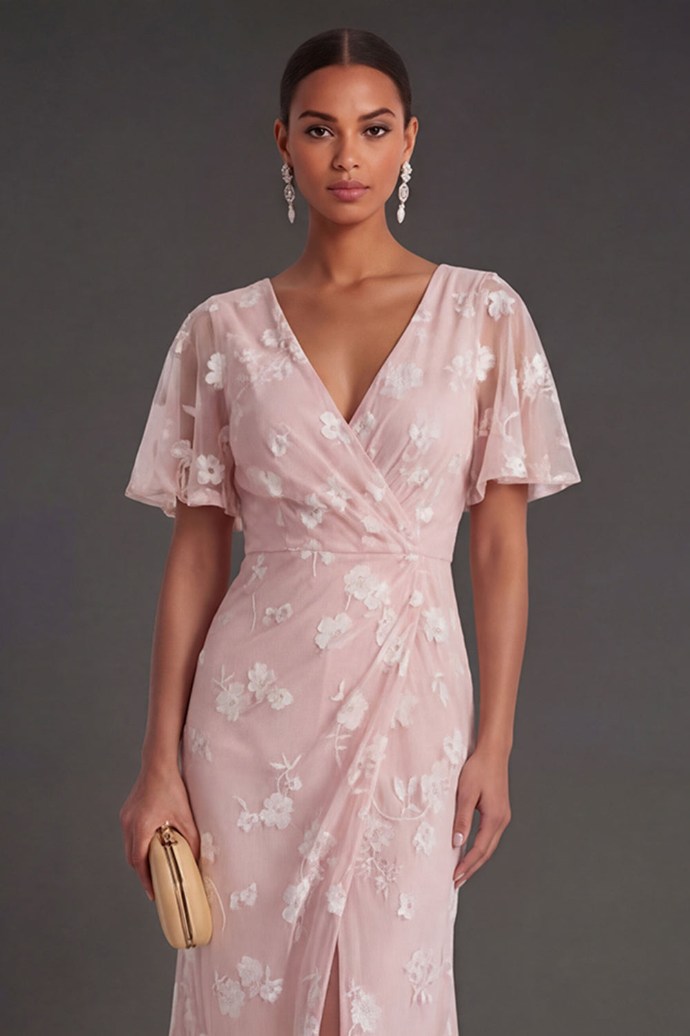 Pink Floral Sheath Appliqued V Neck Long Wedding Guest Dress with Slit