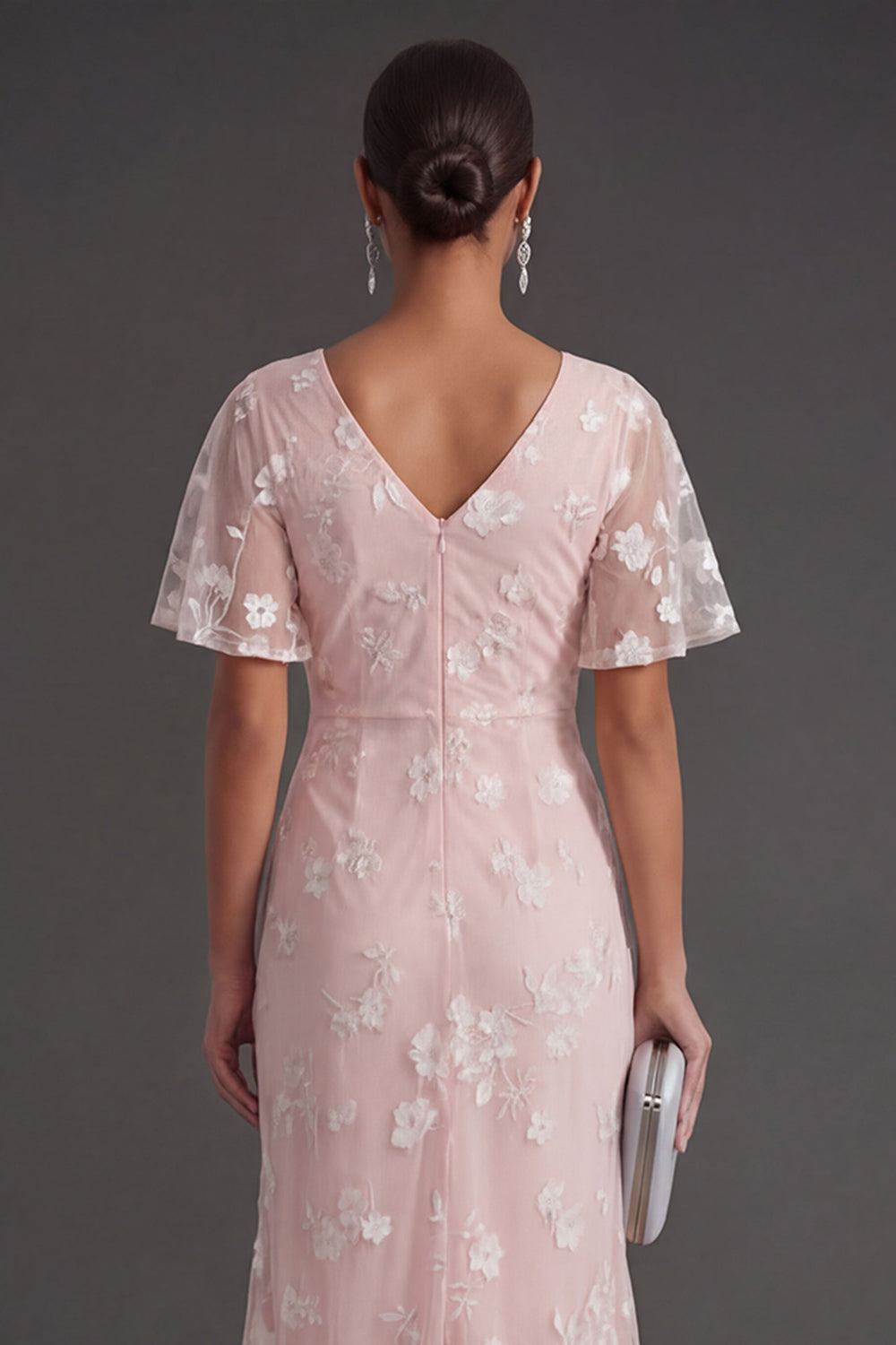 Pink Floral Sheath Appliqued V Neck Long Wedding Guest Dress with Slit