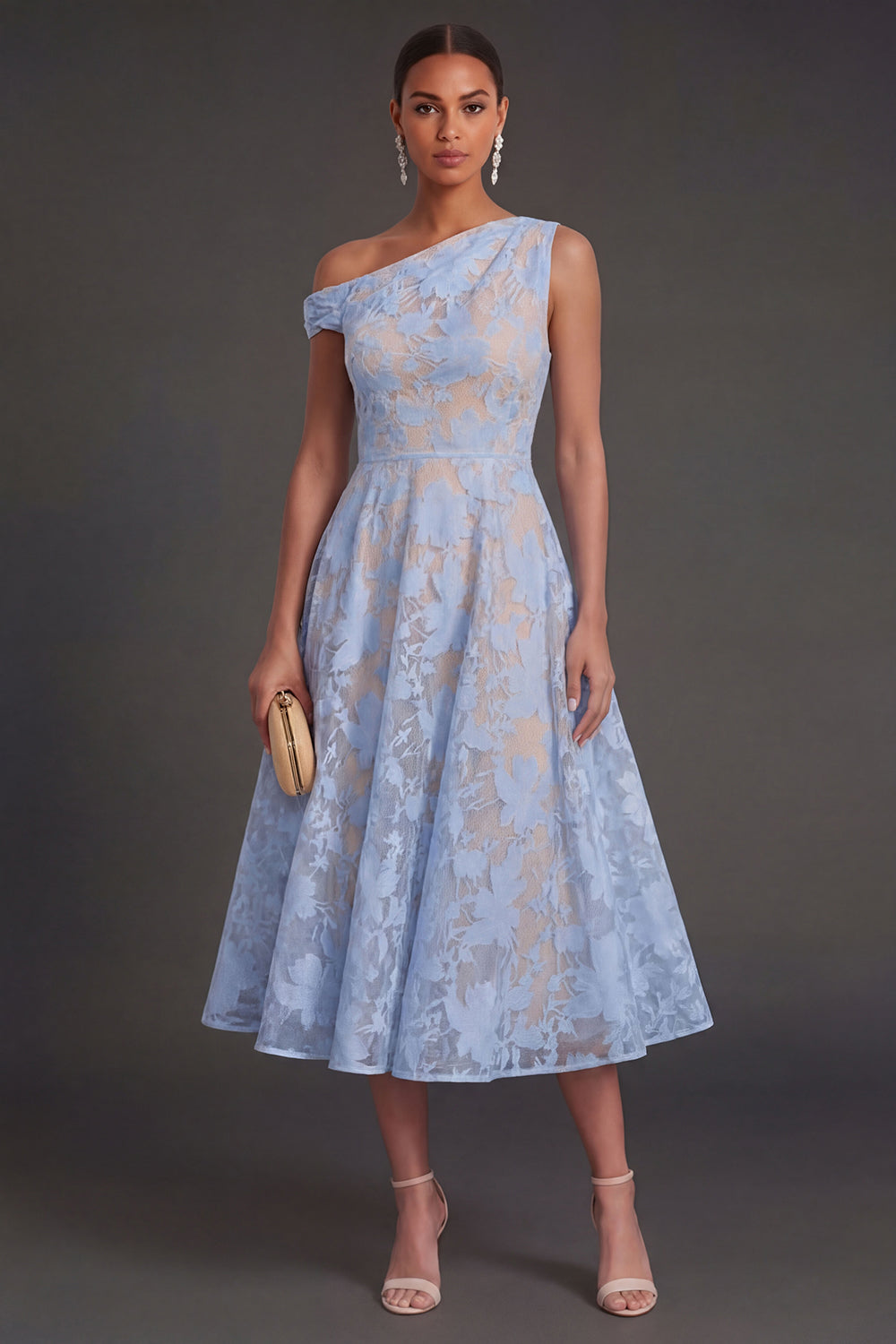 Floral Lace One Shoulder White A Line Midi Beach Engagement Dress