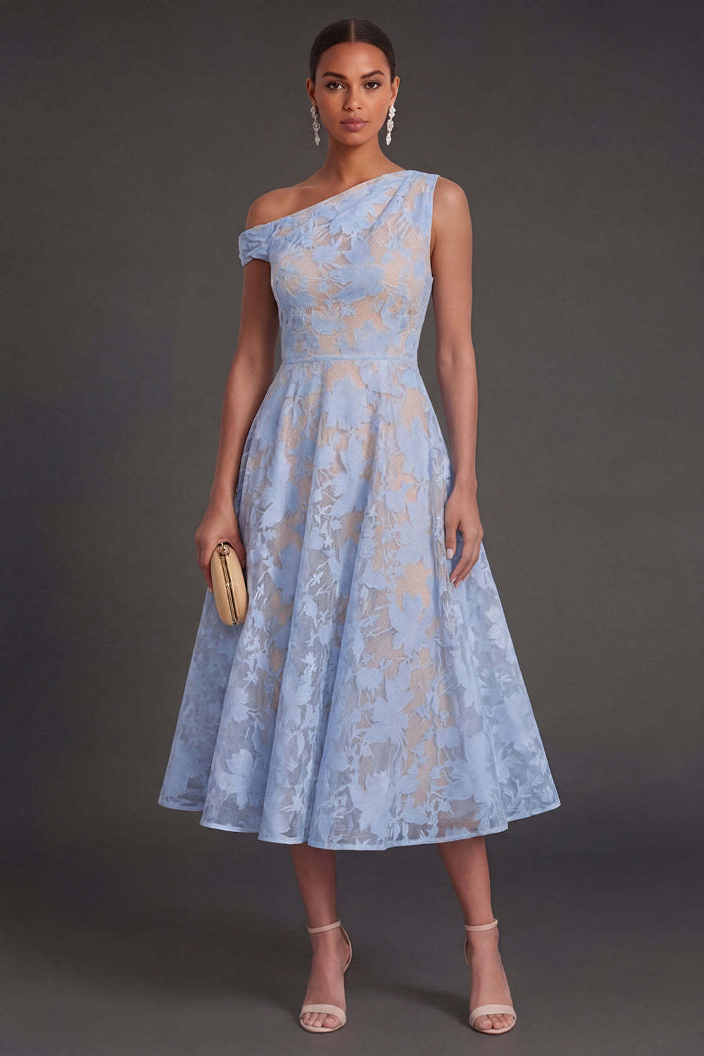 Floral Lace One Shoulder White A Line Midi Beach Engagement Dress