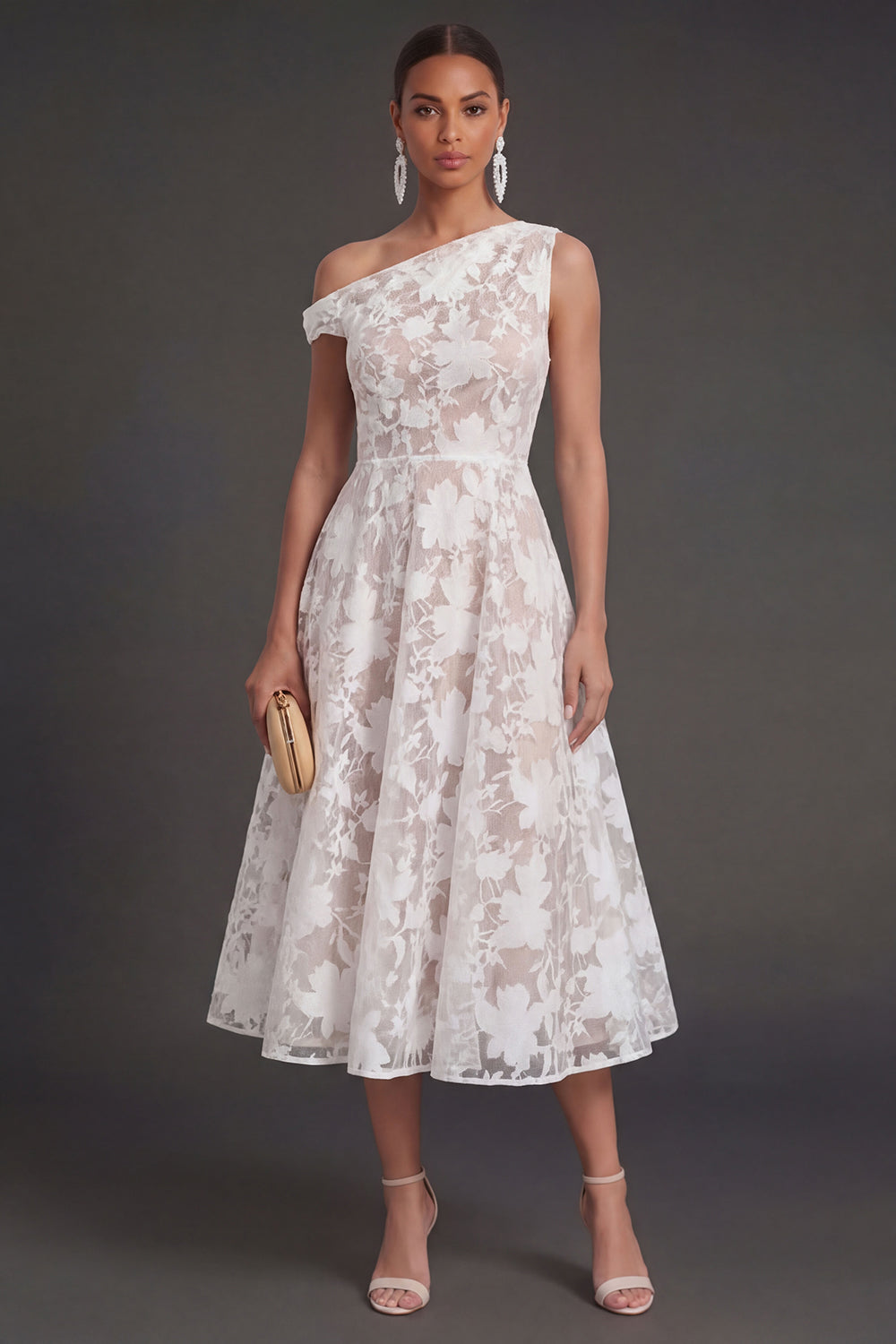 Floral Lace One Shoulder White A Line Midi Beach Engagement Dress