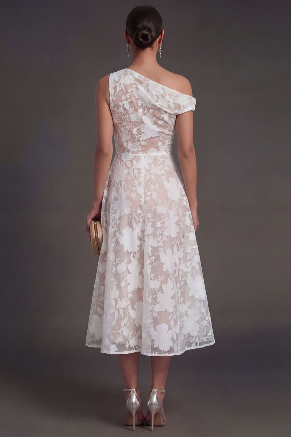 Floral Lace One Shoulder White A Line Midi Beach Engagement Dress