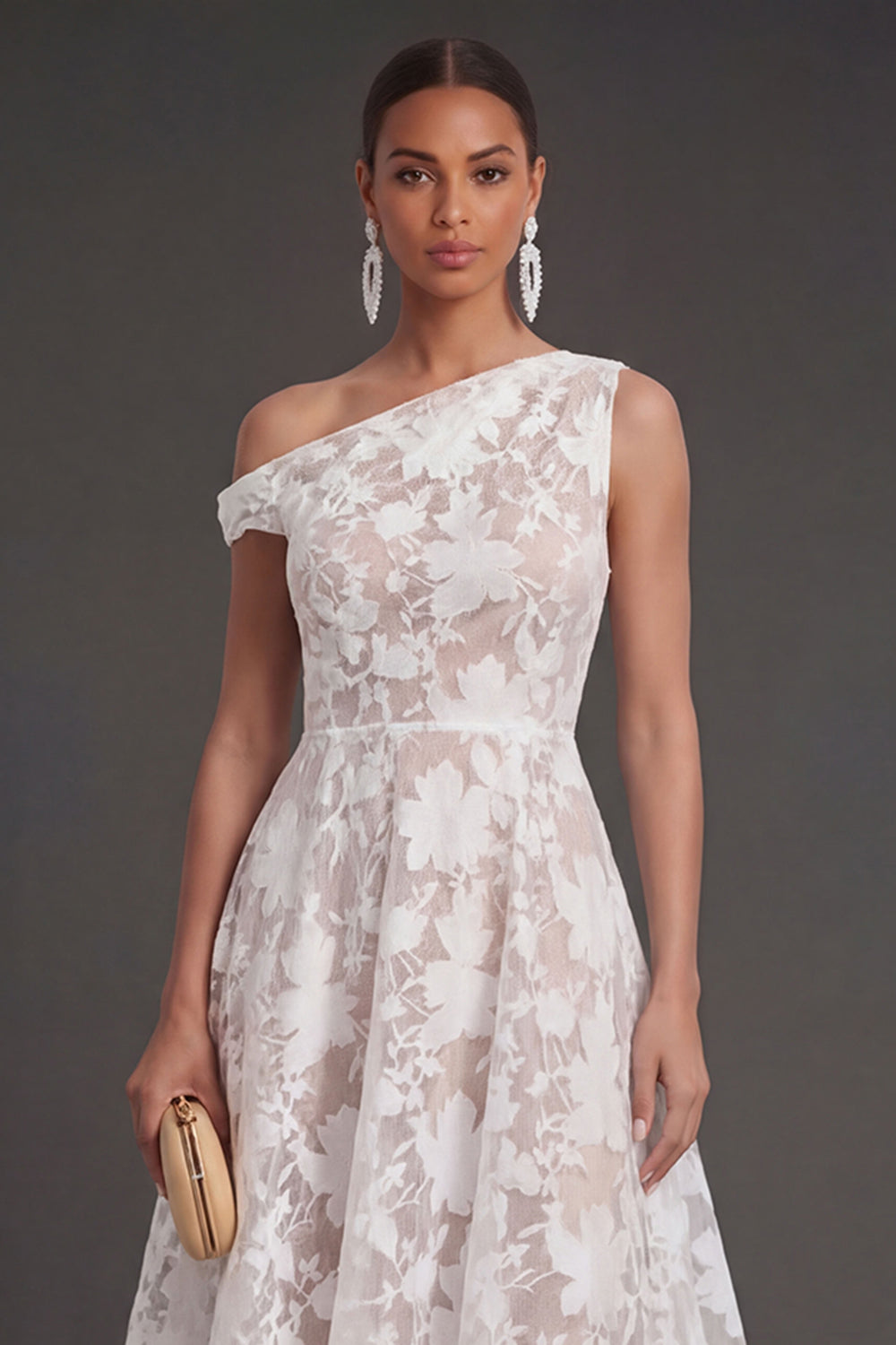 Floral Lace One Shoulder White A Line Midi Beach Engagement Dress