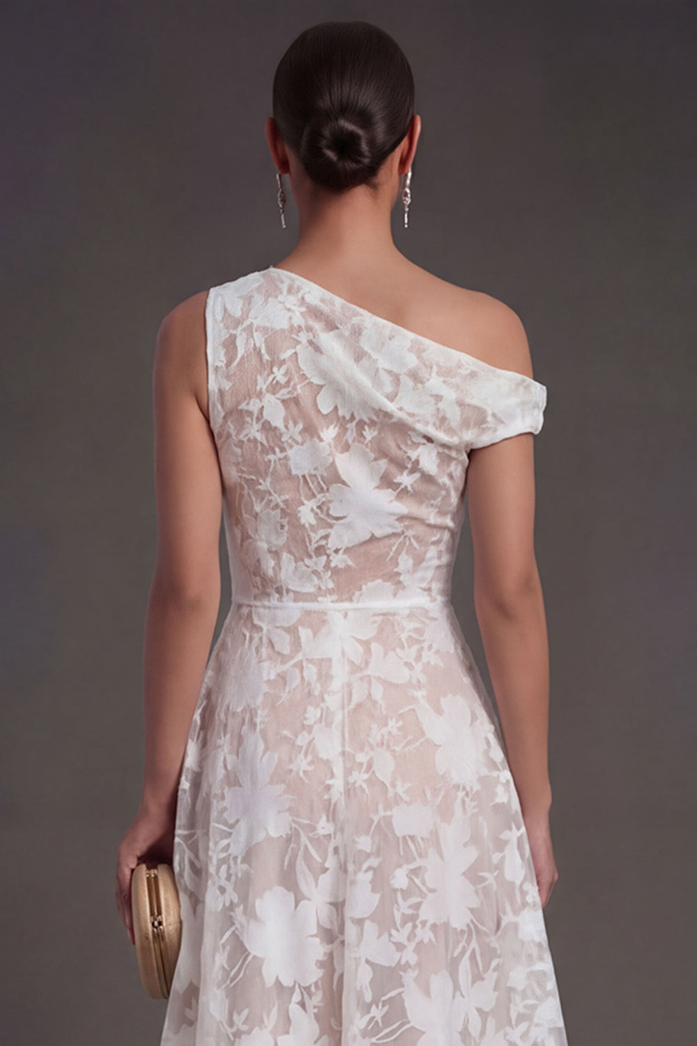 Floral Lace One Shoulder White A Line Midi Beach Engagement Dress