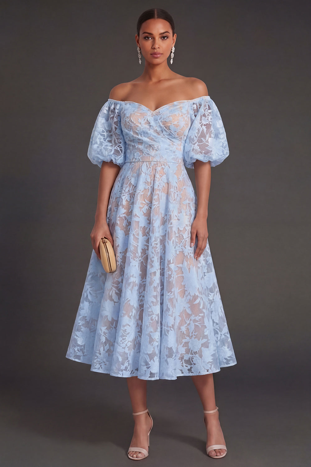 Leely Women White A Line Floral Long Beach Engagement Dress Puff Sleeves Backless Wedding Recetion Dress