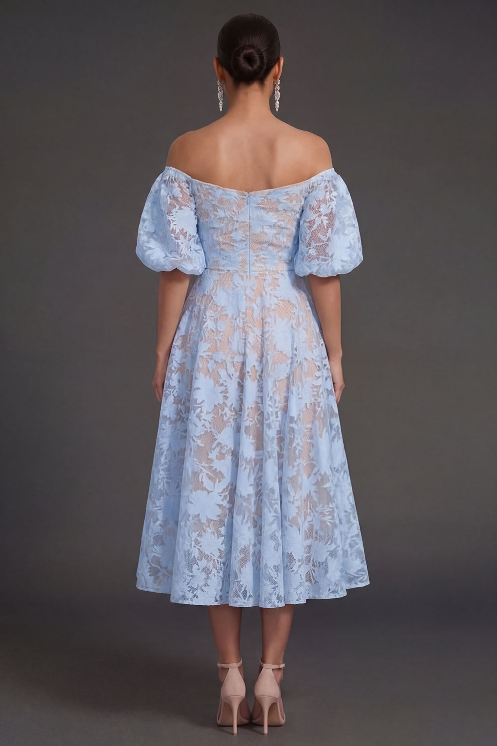 A Line Puff Sleeves White Floral Long Beach Engagement Dress