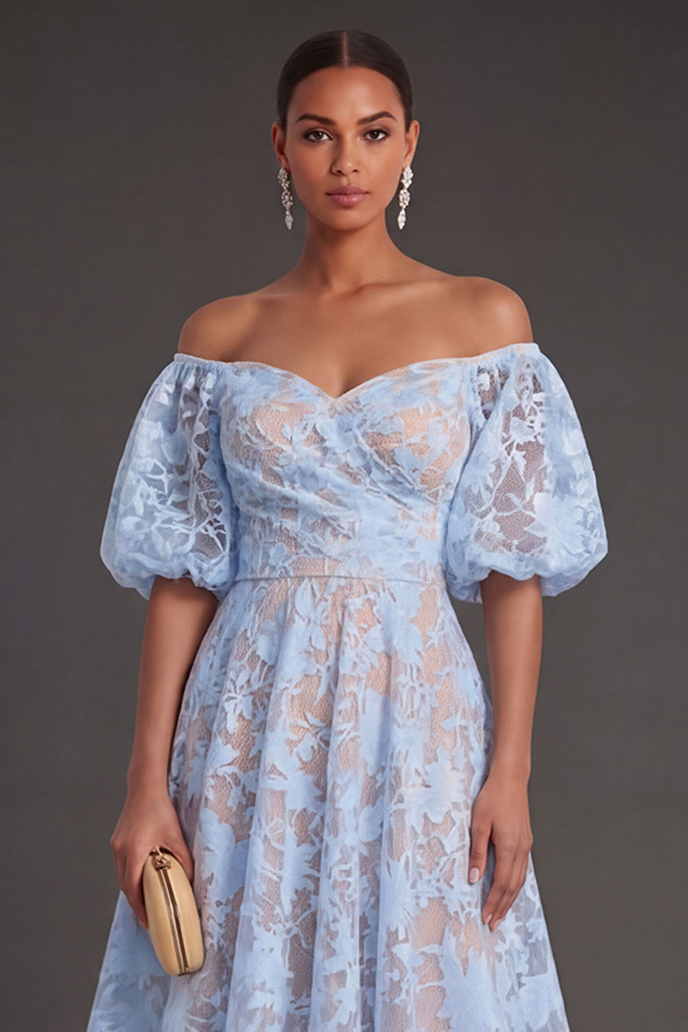 A Line Puff Sleeves White Floral Long Beach Engagement Dress
