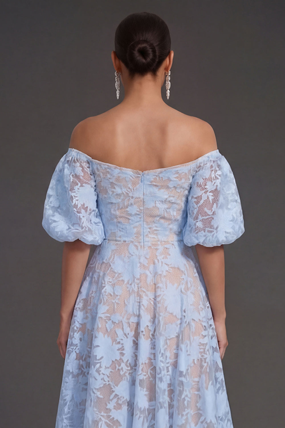A Line Puff Sleeves White Floral Long Beach Engagement Dress