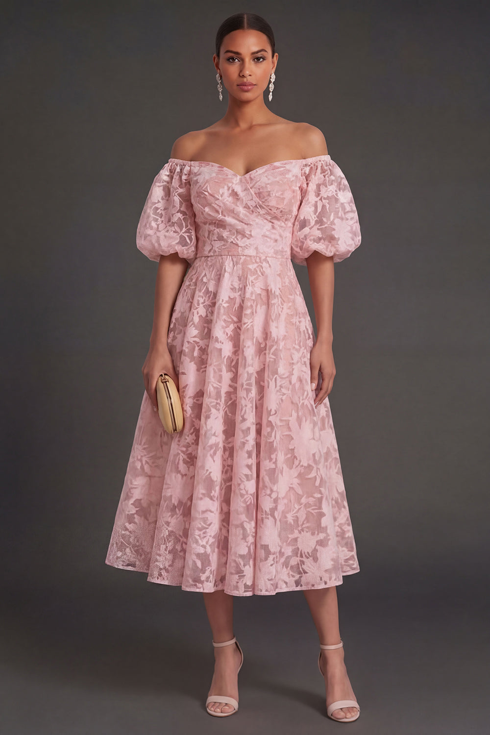 A Line Puff Sleeves White Floral Long Beach Engagement Dress