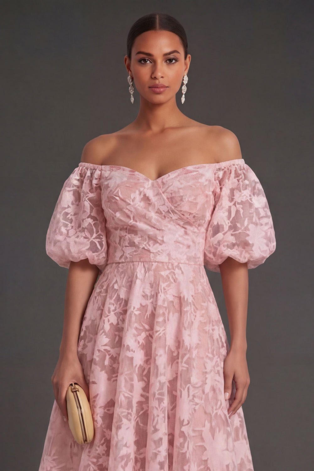 A Line Puff Sleeves White Floral Long Beach Engagement Dress