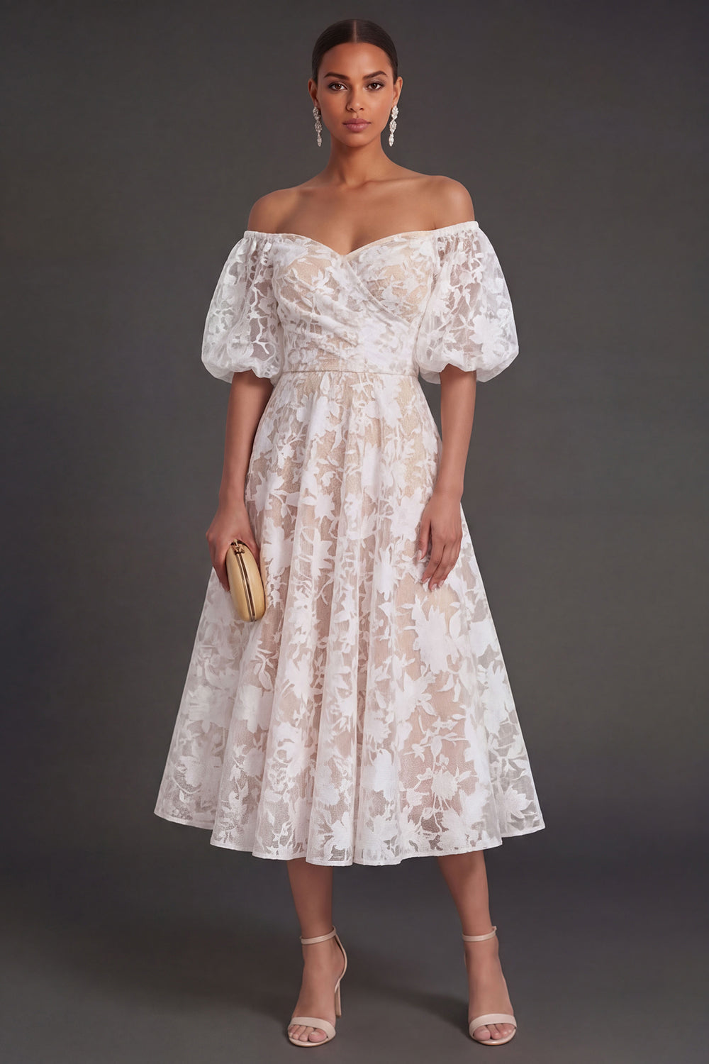 A Line Puff Sleeves White Floral Long Beach Engagement Dress
