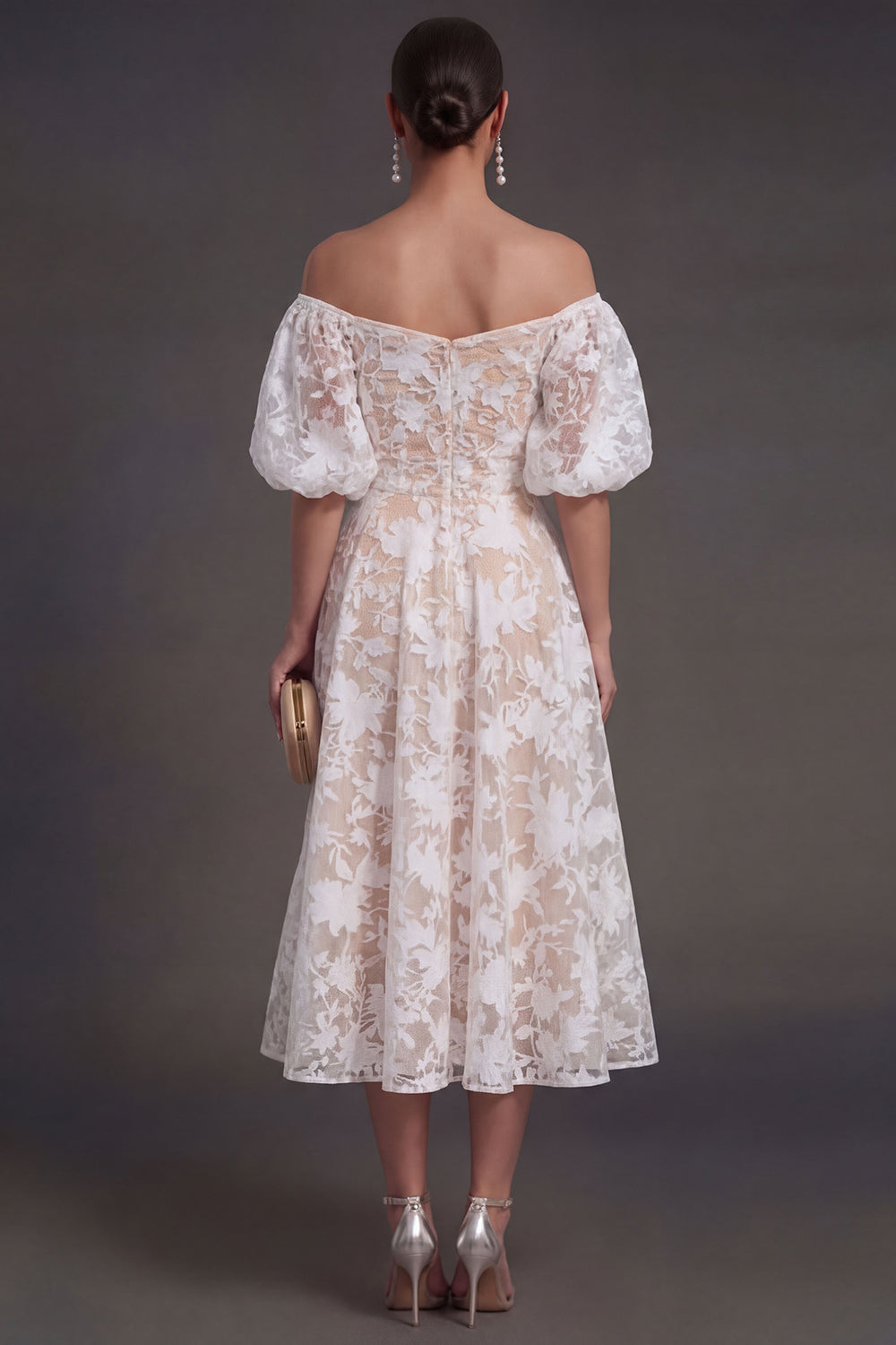 A Line Puff Sleeves White Floral Long Beach Engagement Dress