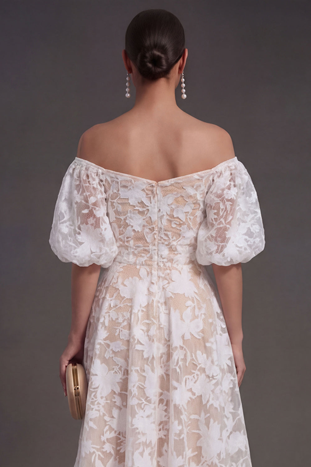 A Line Puff Sleeves White Floral Long Beach Engagement Dress