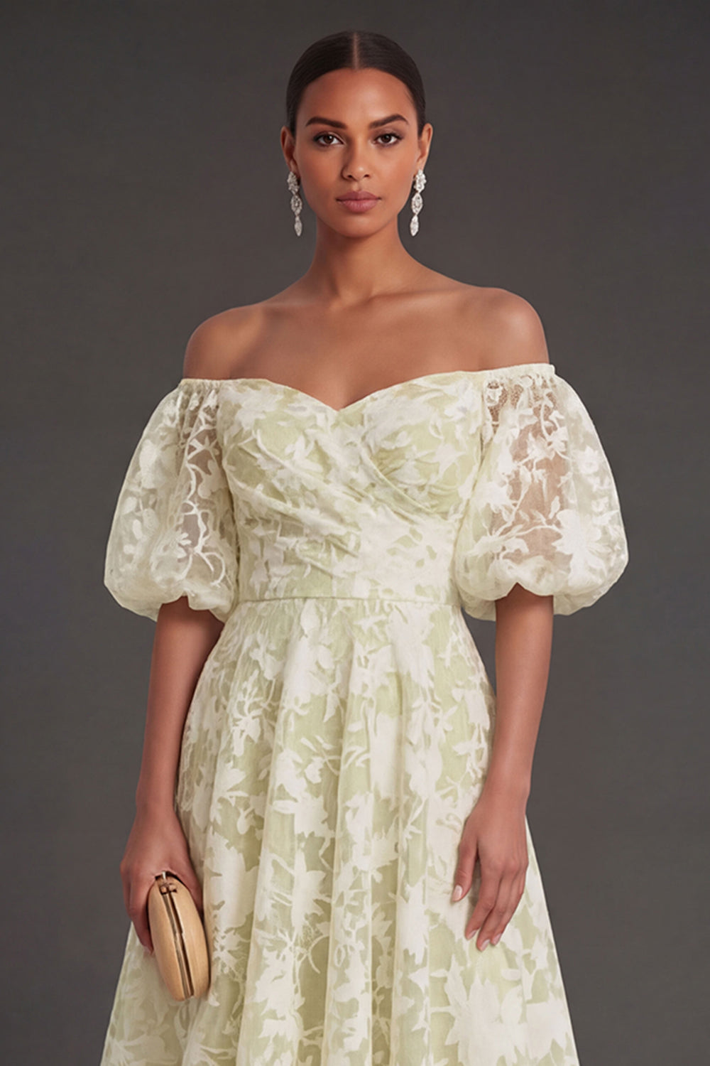 A Line Puff Sleeves White Floral Long Beach Engagement Dress