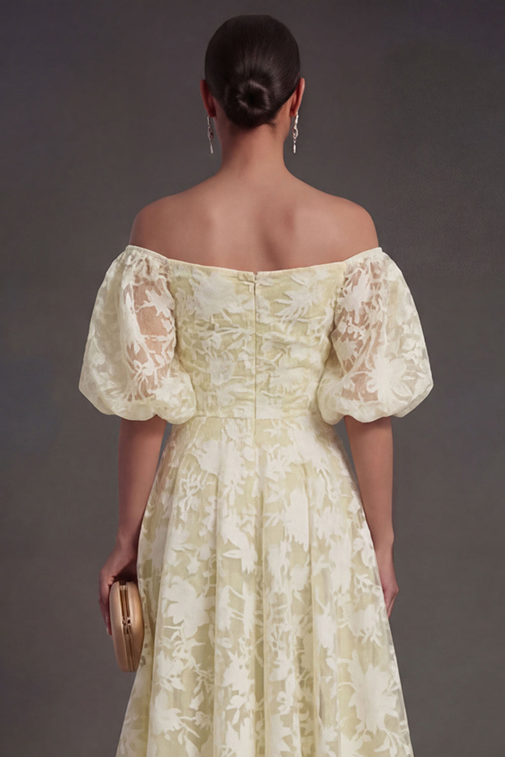 A Line Puff Sleeves White Floral Long Beach Engagement Dress