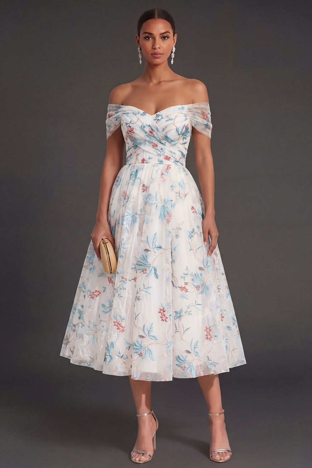 White Blue Floral A Line Off the Shoulder Midi Beach Wedding Guest Dress