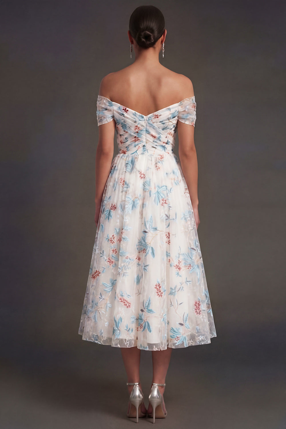 White Blue Floral A Line Off the Shoulder Midi Beach Wedding Guest Dress