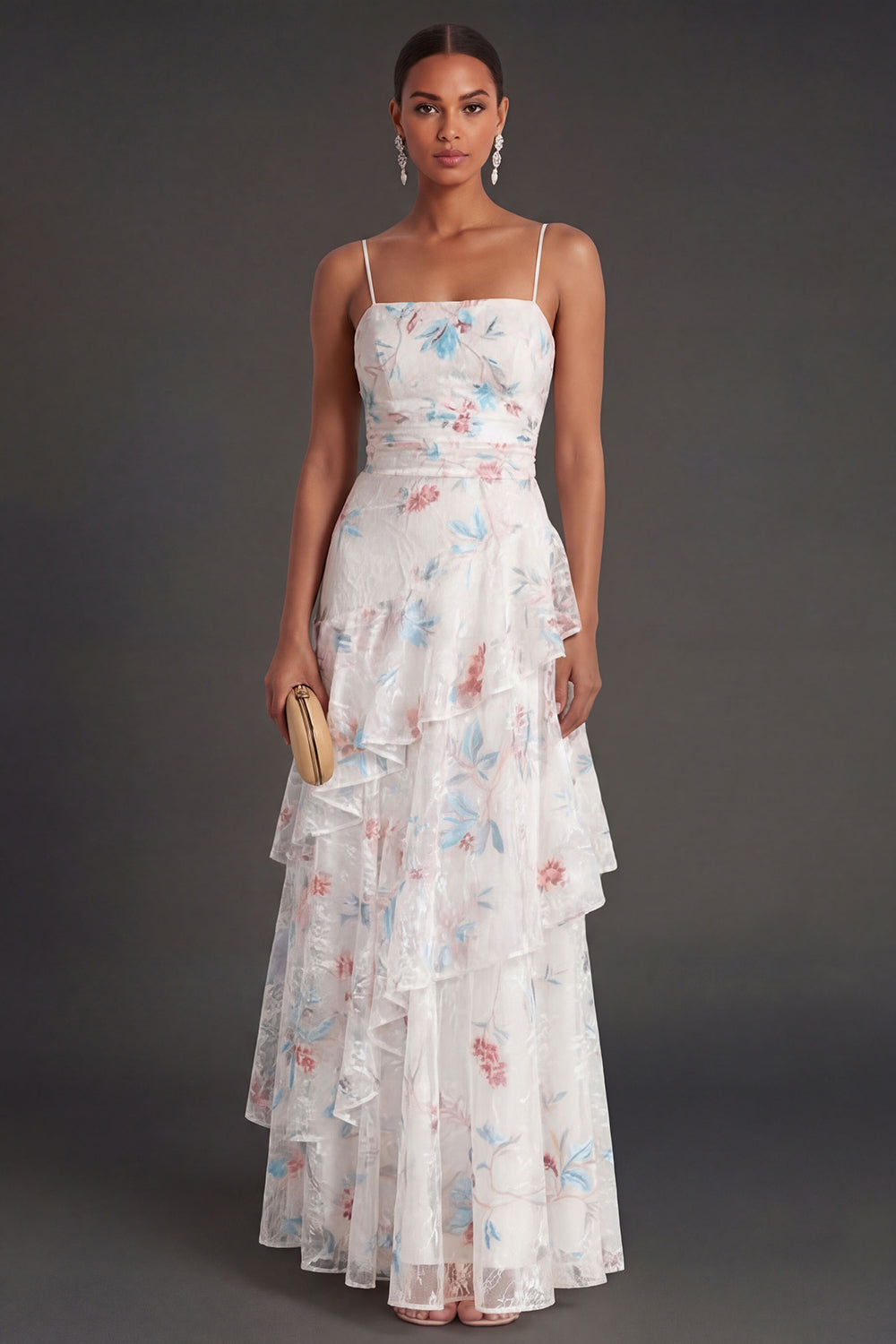 Ruffled White Blue Floral Spaghetti Straps A Line Long Beach Wedding Guest Dress