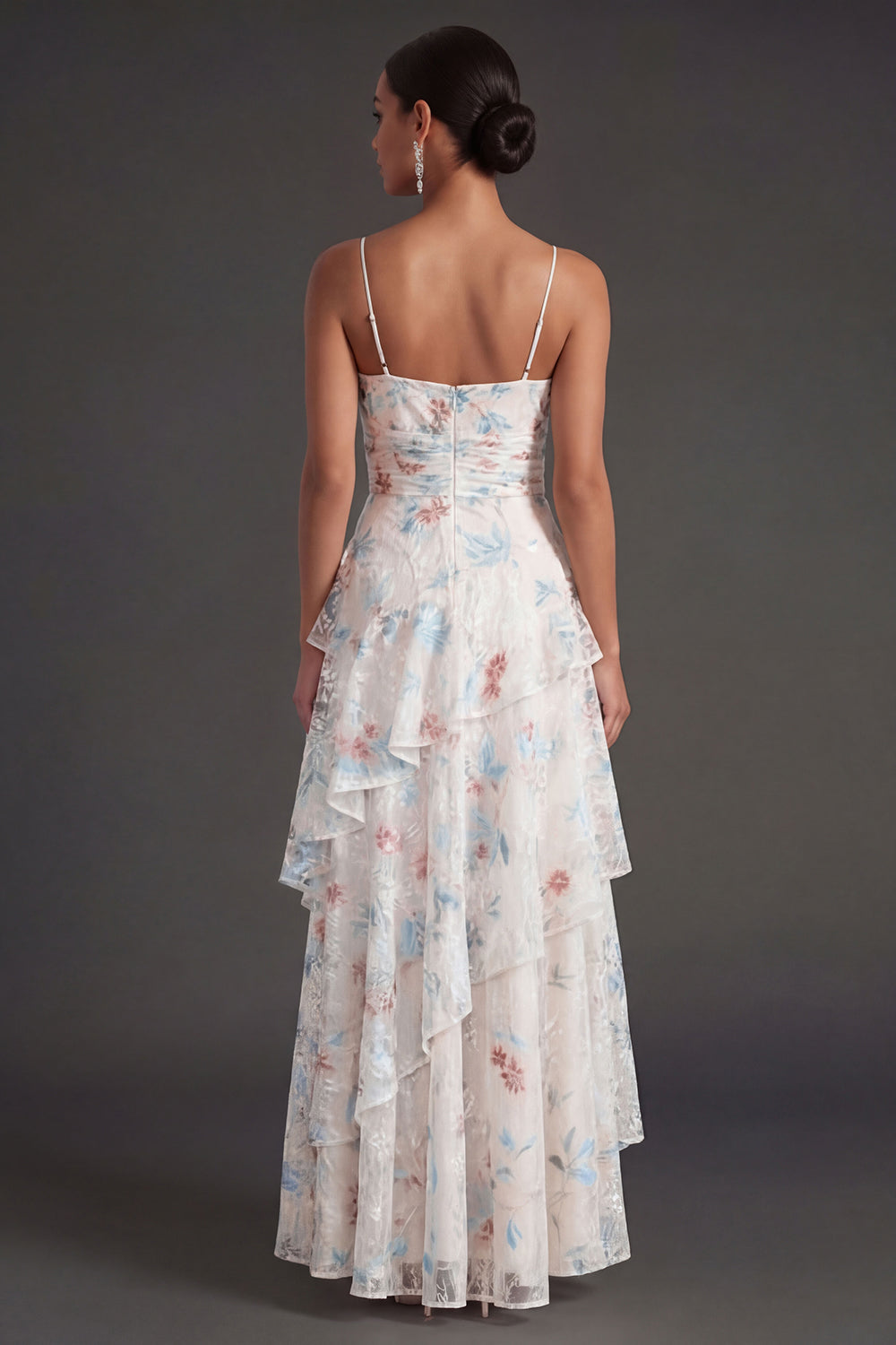 Ruffled White Blue Floral Spaghetti Straps A Line Long Beach Wedding Guest Dress