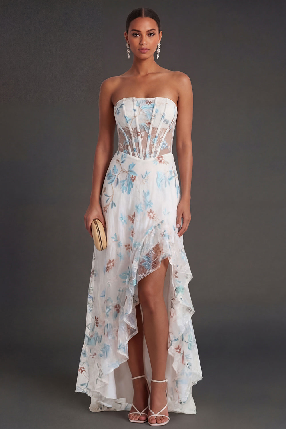 Strapless Ruffled White Blue Floral Corset Long Beach Wedding Guest Dress with Slit