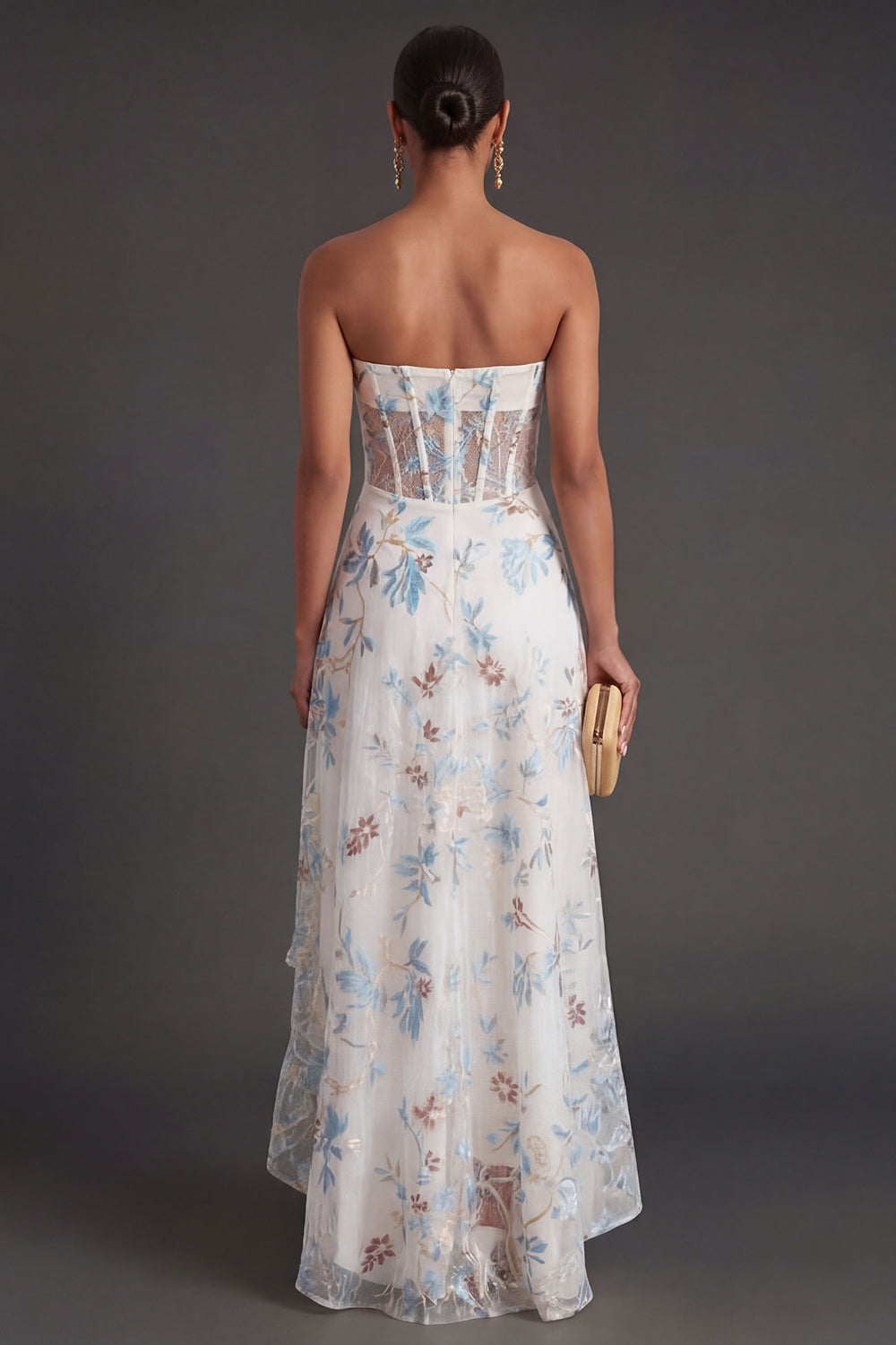 Strapless Ruffled White Blue Floral Corset Long Beach Wedding Guest Dress with Slit