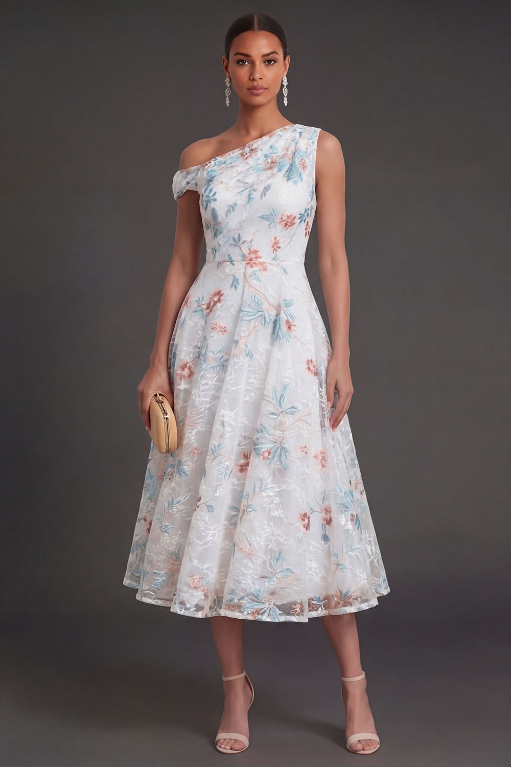 A Line White Blue Floral One Shoulder Midi Beach Wedding Guest Dress