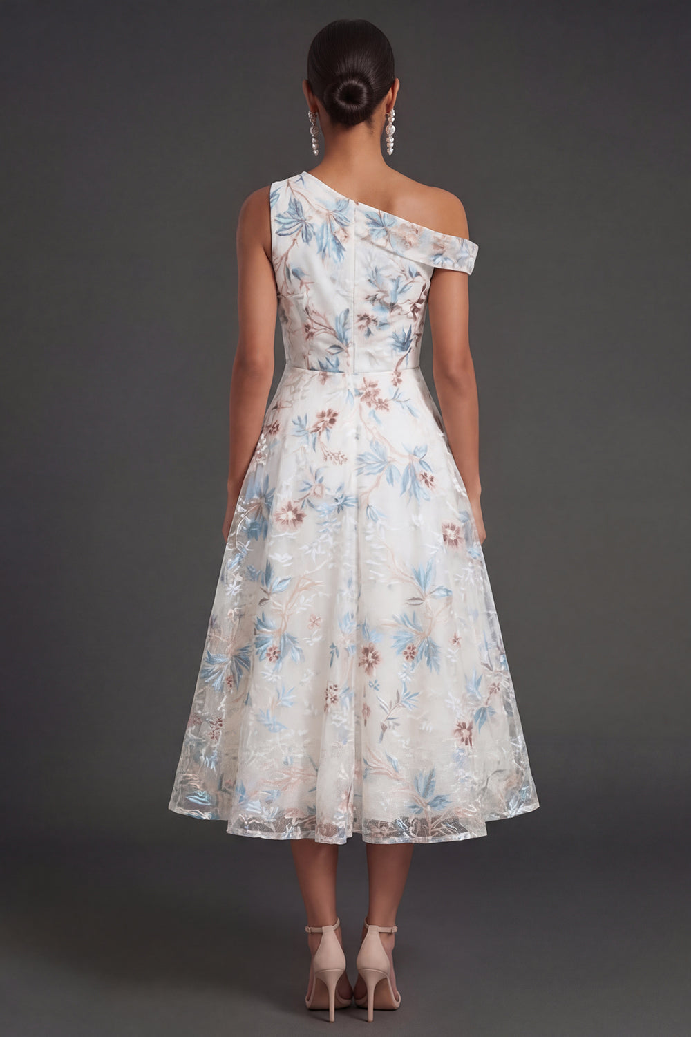 A Line White Blue Floral One Shoulder Midi Beach Wedding Guest Dress