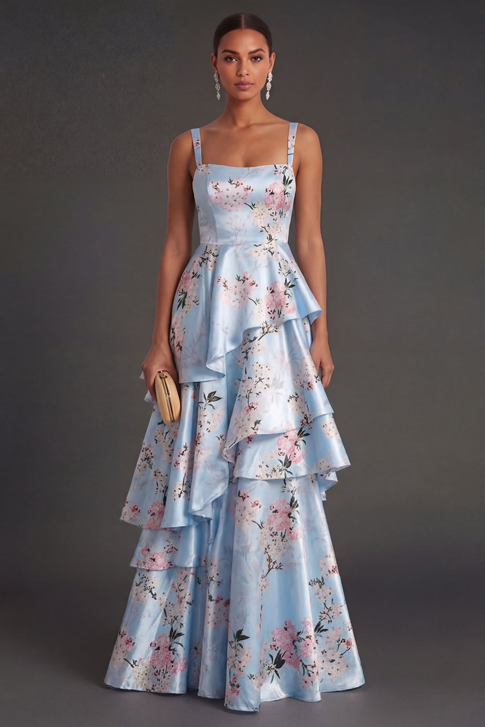 Blue Floral A Line Tiered Ruffled Thick Straps Long Wedding Guest Dress