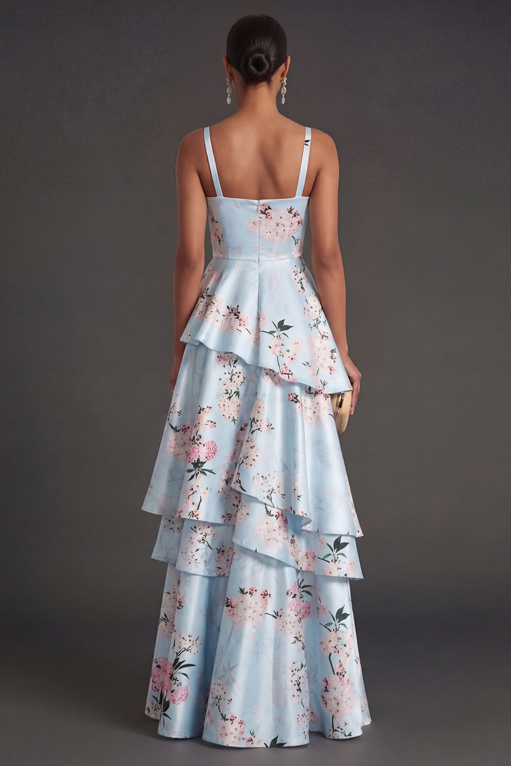 Blue Floral A Line Tiered Ruffled Thick Straps Long Wedding Guest Dress