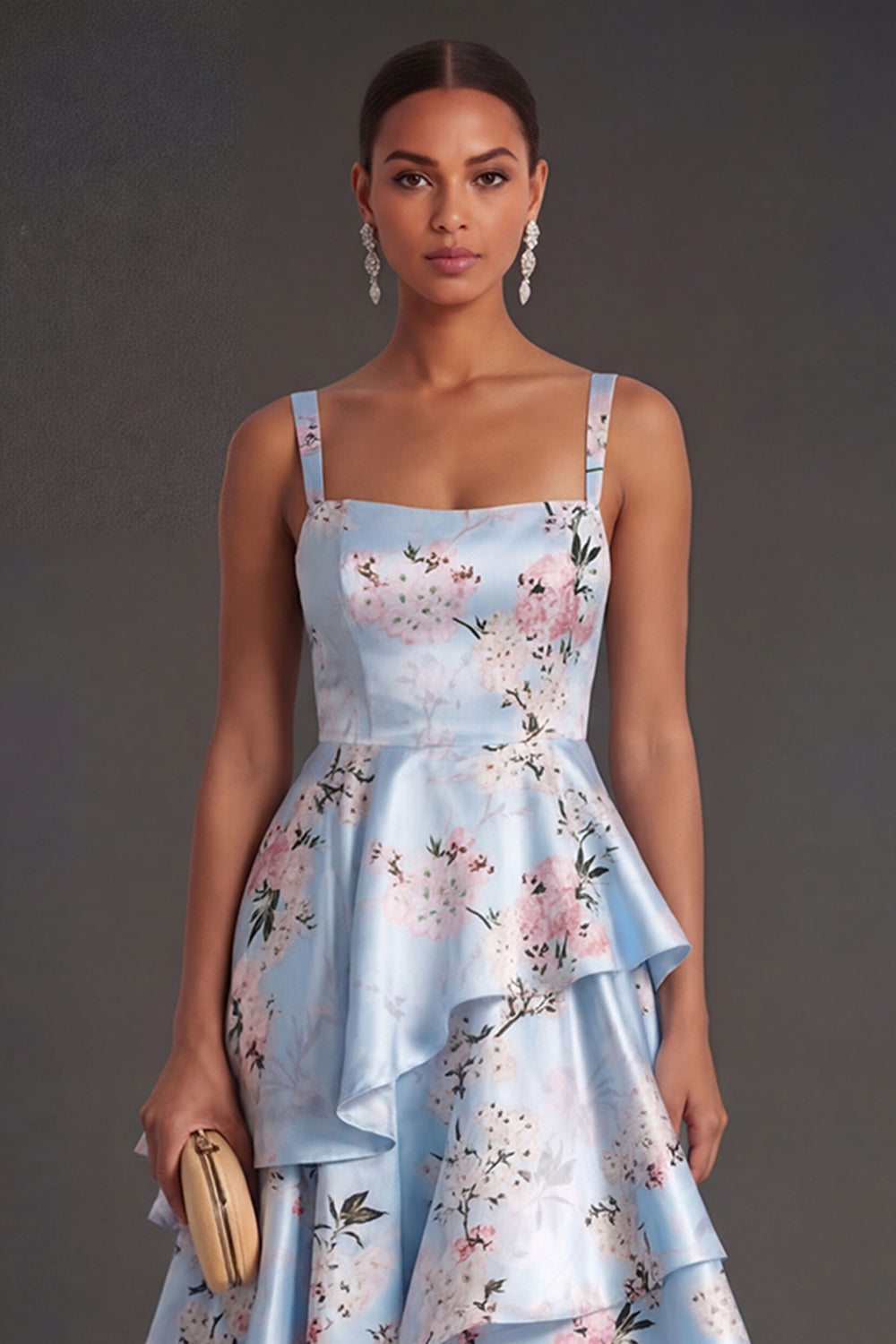 Blue Floral A Line Tiered Ruffled Thick Straps Long Wedding Guest Dress