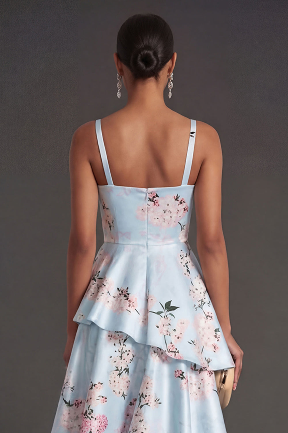 Blue Floral A Line Tiered Ruffled Thick Straps Long Wedding Guest Dress