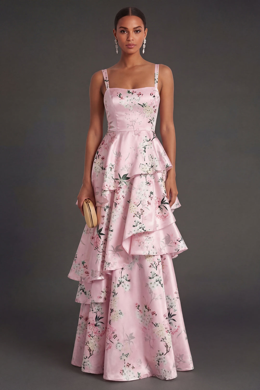 Leely Women Blue Floral A Line Tiered Ruffled Long Wedding Guest Dress Thick Straps Satin Sleeveless Garden Party Dress